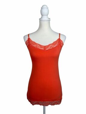 Deb Y2K Coral Orange Lace Trim Cami Tank Top Large Adjustable Straps Coquette